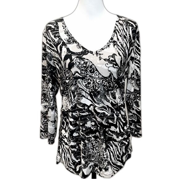 Peter Nygard Black White Abstract V Neck Stretch Top 3/4 Sleeve Medium EUC - Picture 1 of 10